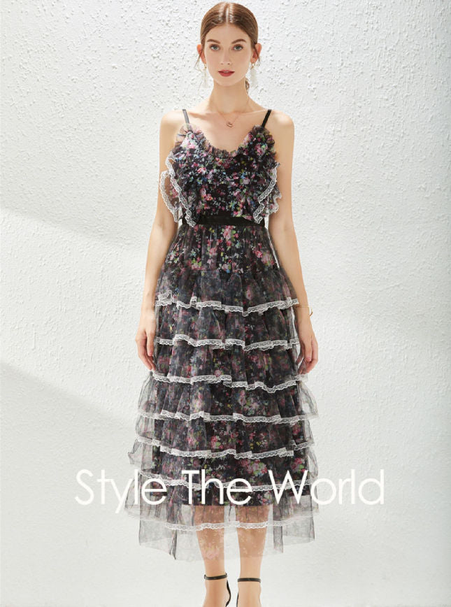 CM-DF021403 Women Charming European Style High Waist Floral Layered Gauze Dress