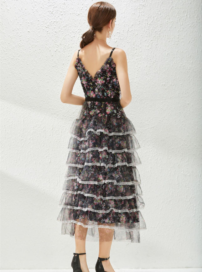 CM-DF021403 Women Charming European Style High Waist Floral Layered Gauze Dress