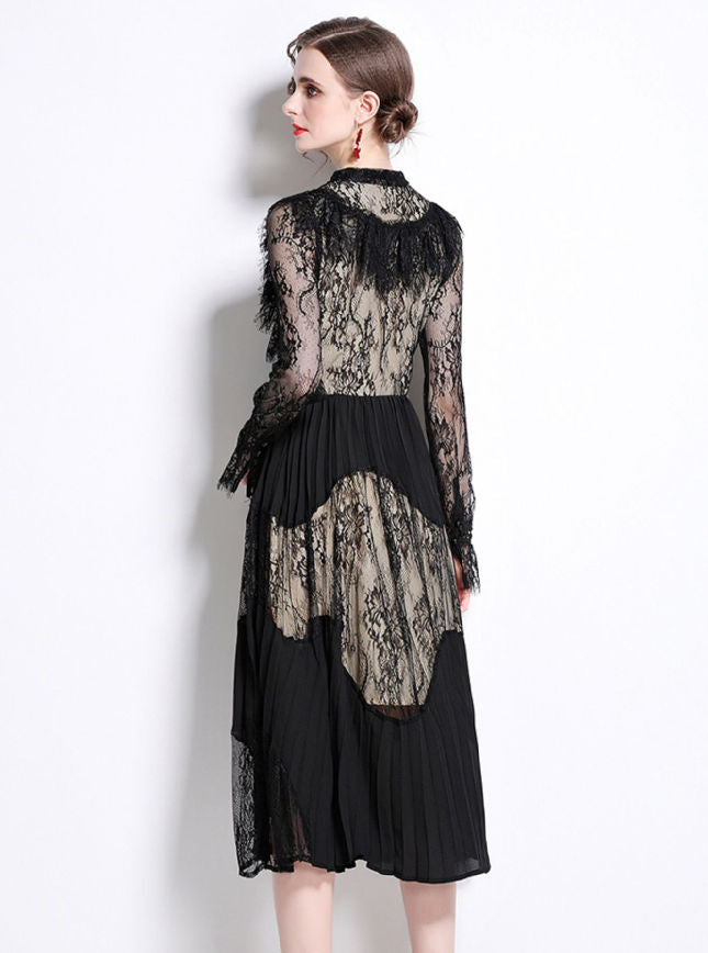 CM-DF021414 Women Elegant European Style Lace Tie Collar Splicing Pleated Dress - Black