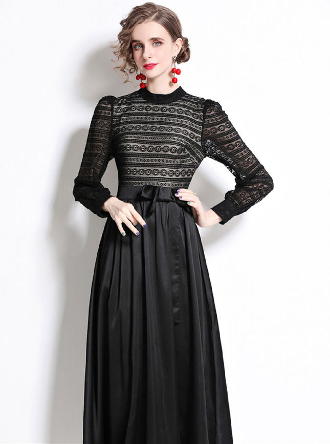 CM-DF021702 Women Elegant European Style Bowknot High Waist Lace Splicing Long Dress