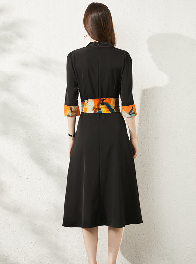 CM-DF021704 Women Retro European Style Color Block V-Neck Tie Waist Long Dress