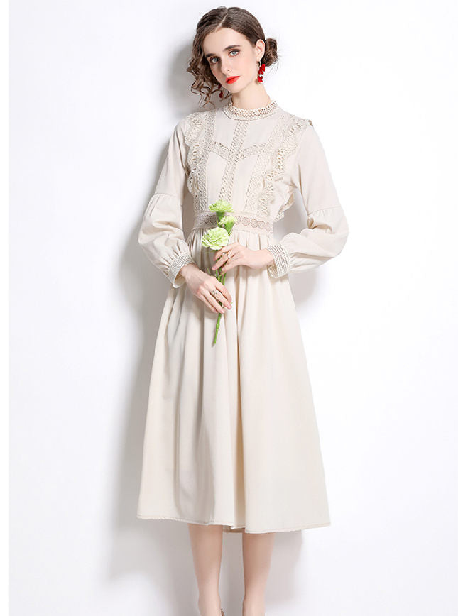 CM-DF021908 Women Elegant European Style Lace High Waist Puff Sleeve Maxi Dress