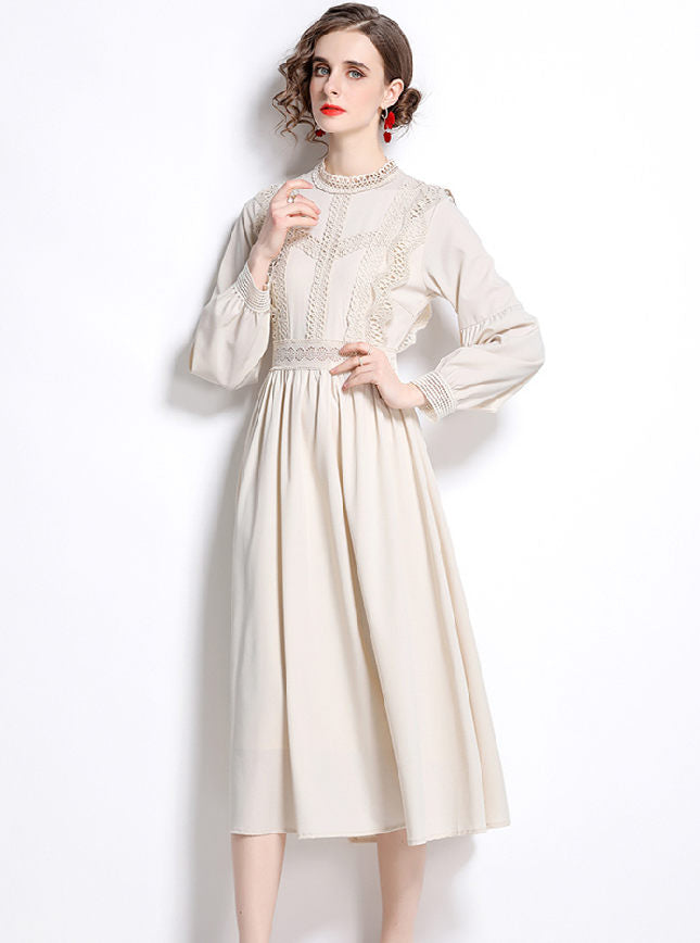 CM-DF021908 Women Elegant European Style Lace High Waist Puff Sleeve Maxi Dress