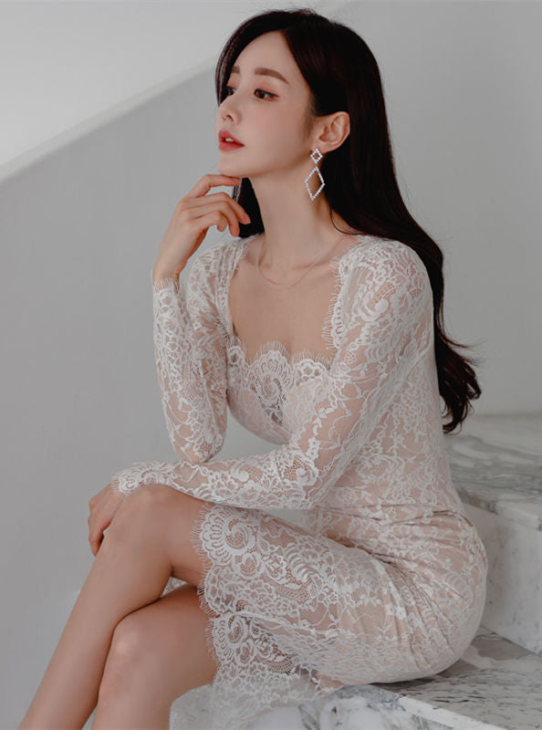 CM-DF022201 Women Casual Seoul Style Square Collar Lace Floral Slim Long Sleeve Dress