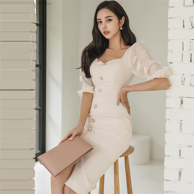 CM-DF022202 Women Seoul Style Square Collar Single-Breasted Split Bodycon Dress