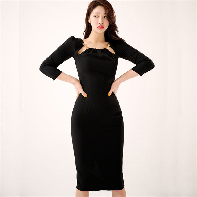CM-DF022205 Women Casual Seoul Style Chain Round Neck Mid-Sleeve Bodycon Dress