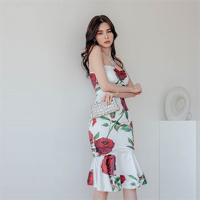 CM-DF022403 Women Charming Seoul Style Floral Fishtail Bodycon Strapless Dress