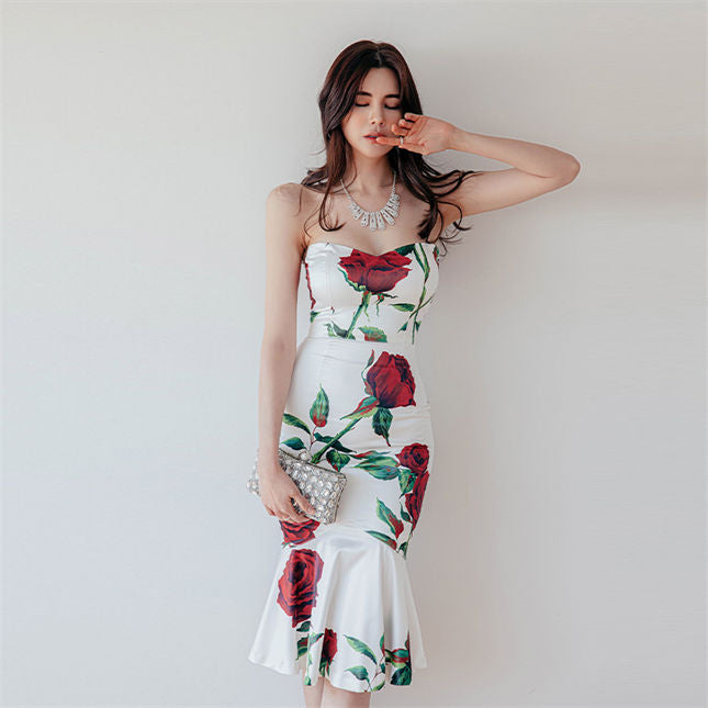 CM-DF022403 Women Charming Seoul Style Floral Fishtail Bodycon Strapless Dress