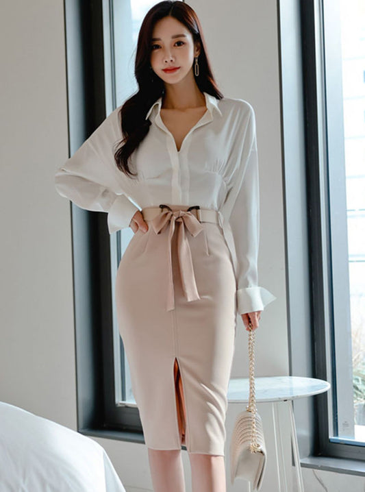 CM-SF022404 Women Elegant Seoul Style Shirt Collar Blouse With Tie Waist Slim Skirt - Set