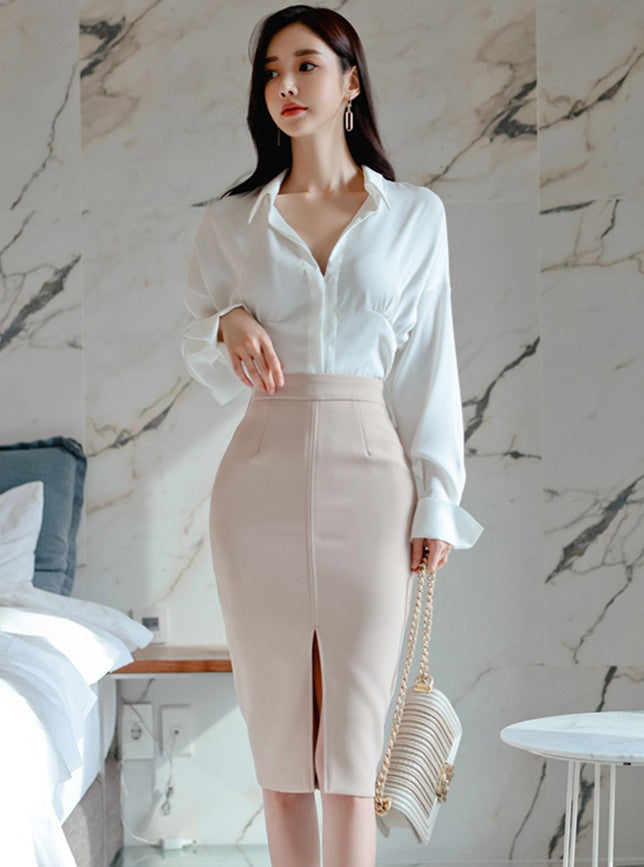 CM-SF022404 Women Elegant Seoul Style Shirt Collar Blouse With Tie Waist Slim Skirt - Set