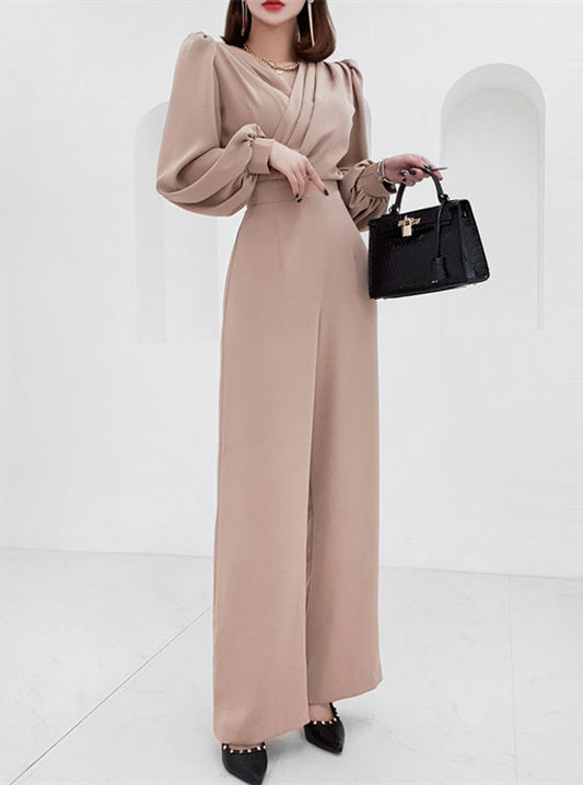 CM-JF022705 Women Elegant Seoul Style High Waist Pleated V-Neck Wide-Leg Jumpsuit (Available in 2 colors)