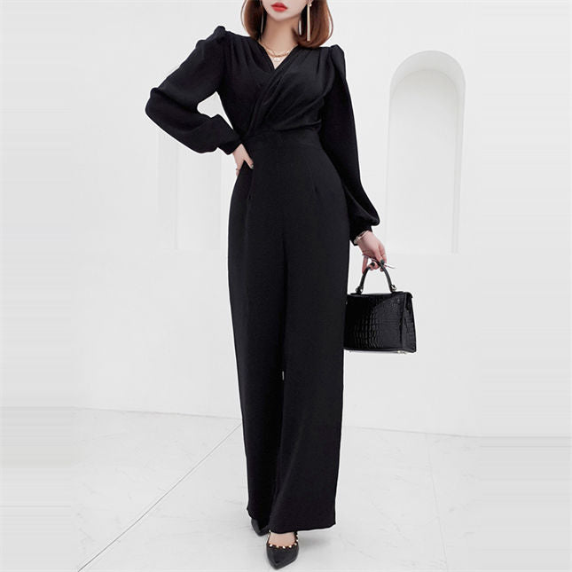CM-JF022705 Women Elegant Seoul Style High Waist Pleated V-Neck Wide-Leg Jumpsuit (Available in 2 colors)