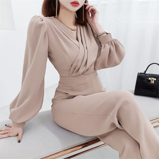 CM-JF022705 Women Elegant Seoul Style High Waist Pleated V-Neck Wide-Leg Jumpsuit (Available in 2 colors)