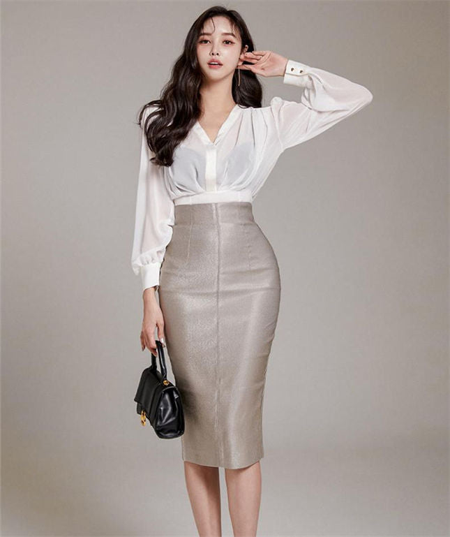 CM-SF022707 Women Elegant Seoul Style V-Neck Loosen Blouse With Leather Midi Skirt - Set