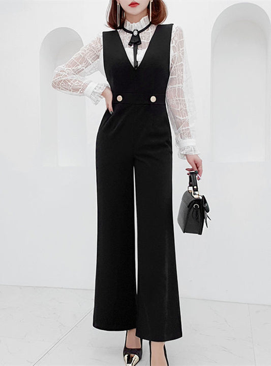 CM-SF030403 Women Elegant Seoul Style Lace Blouse With V-Neck Wide-Leg Long Jumpsuit - Set