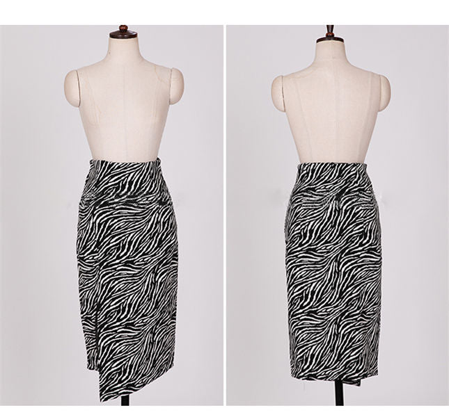 CM-SF030405 Women Elegant Seoul Style Puff Sleeve Blouse With Zebra Stripes Midi Skirt - Set