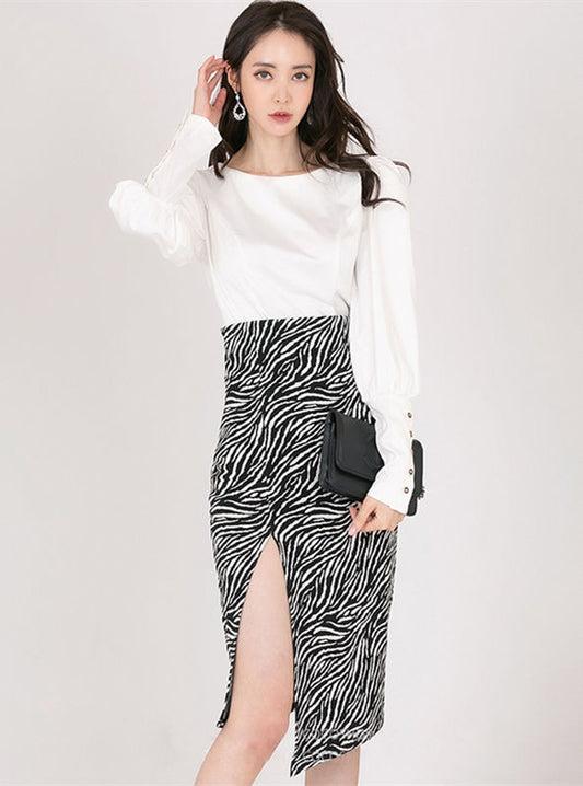 CM-SF030405 Women Elegant Seoul Style Puff Sleeve Blouse With Zebra Stripes Midi Skirt - Set