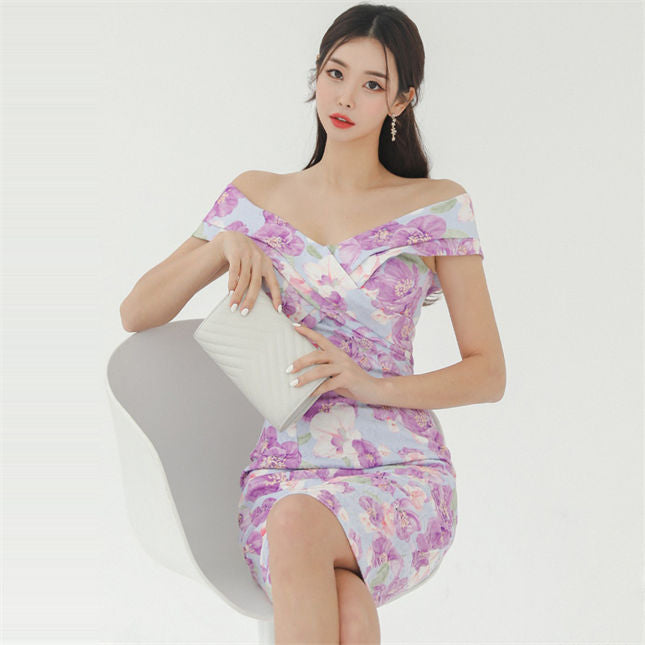 CM-DF030406 Women Charming Seoul Style Cross Boat Neck Floral Skinny Dress