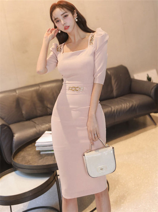 CM-SF030408 Women Elegant Seoul Style Chain Square Collar High Waist Slim Dress Set