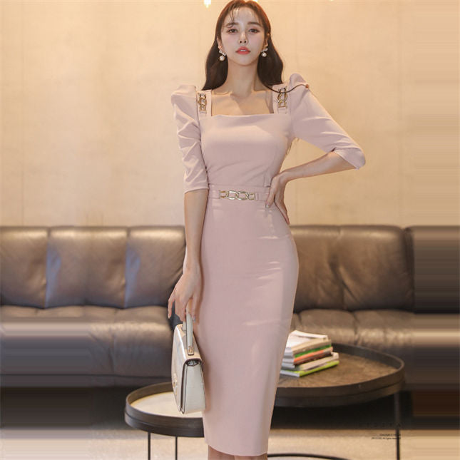 CM-SF030408 Women Elegant Seoul Style Chain Square Collar High Waist Slim Dress Set