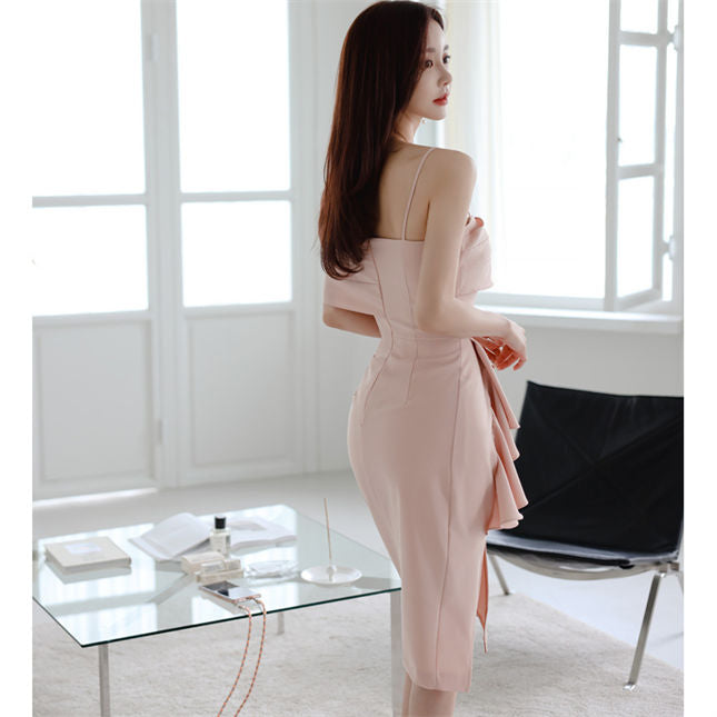 CM-DF030410 Women Elegant Seoul Style Pleated Flouncing Straps Bodycon Dress - Pink