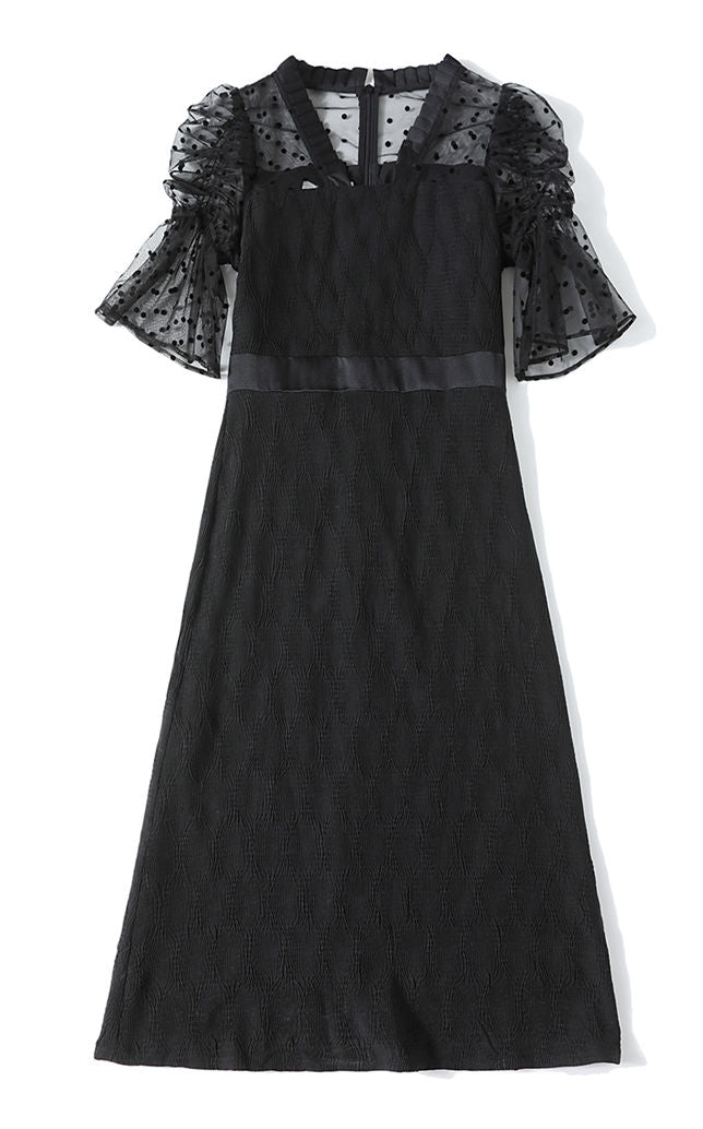 CM-DF030602 Women Elegant European Style Dots Puff Sleeve High Waist Slim Dress