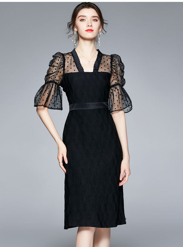 CM-DF030602 Women Elegant European Style Dots Puff Sleeve High Waist Slim Dress