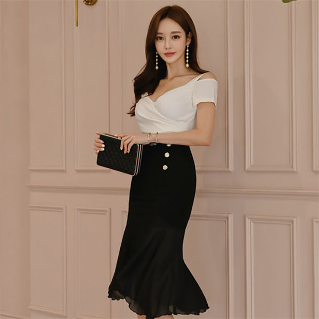 CM-DF030714 Women Casual Seoul Style Color Block V-Neck Fishtail Skinny Dress
