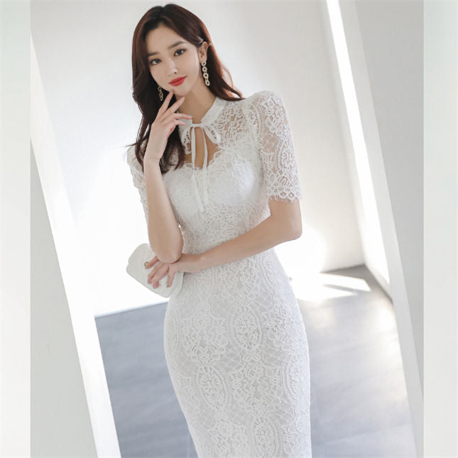CM-DF031003 Women Elegant Seoul Style Short Sleeve Tie V-Neck Lace Bodycon Dress (Available in 2 colors)