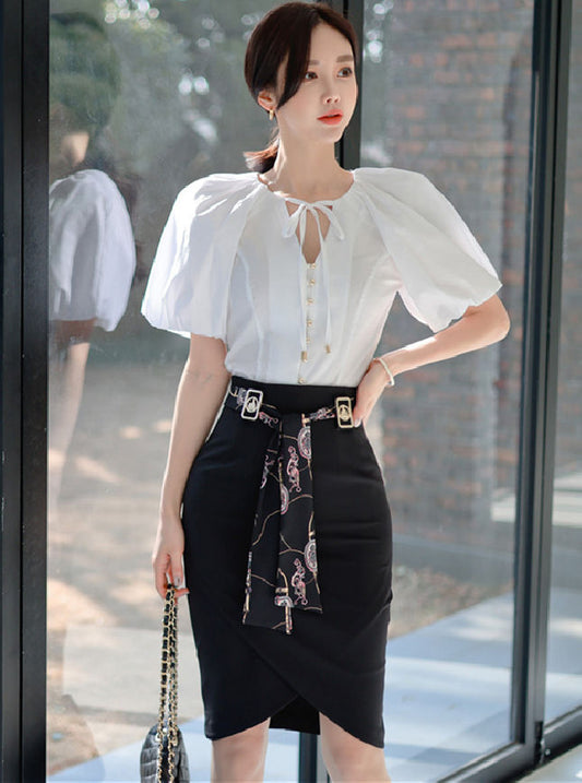 CM-SF031007 Women Elegant Seoul Style Puff Sleeve Blouse With Tie Waist Short Skirt - Set