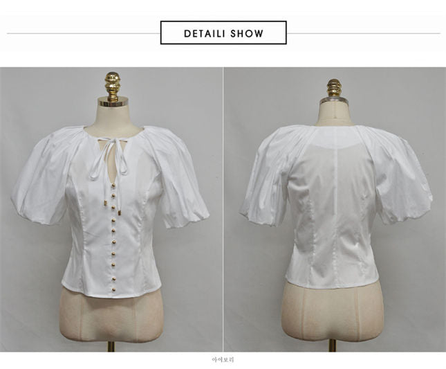 CM-SF031007 Women Elegant Seoul Style Puff Sleeve Blouse With Tie Waist Short Skirt - Set
