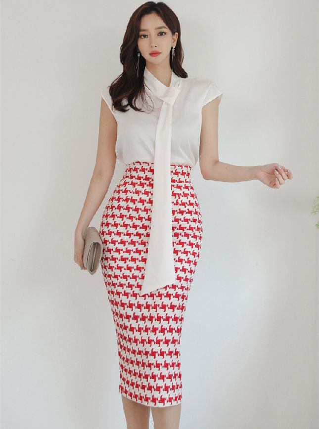 CM-SF031009 Women Charming Seoul Style Tie Collar Blouse With Houndstooth Skinny Skirt - Set