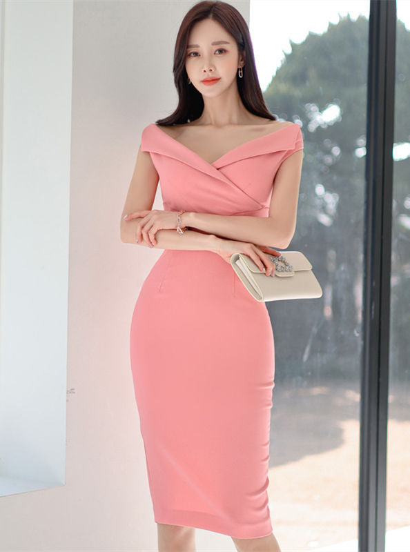 CM-DF031205 Women Casual Seoul Style V-Neck Off Shoulder Skinny Tank Dress - Pink