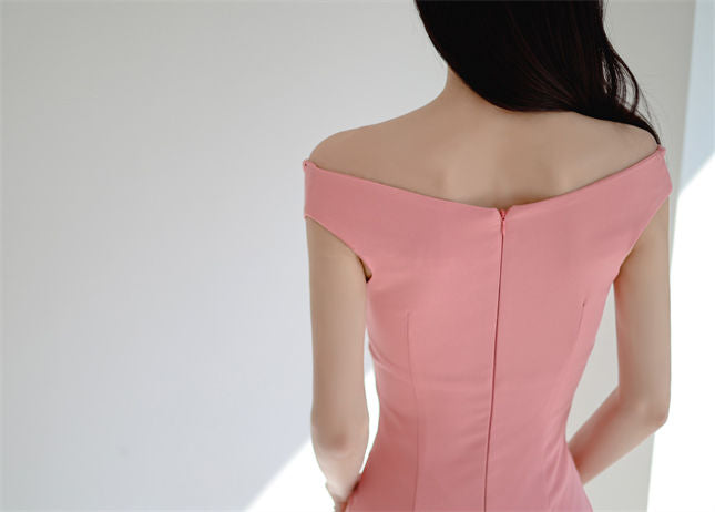 CM-DF031205 Women Casual Seoul Style V-Neck Off Shoulder Skinny Tank Dress - Pink