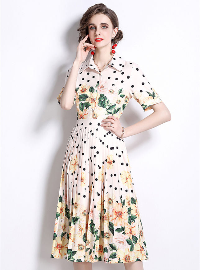 CM-DF031313 Women Elegant European Style Shirt Collar Dots Floral Pleated A-Line Dress