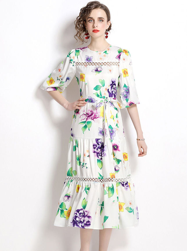 CM-DF031319 Women Charming European Style Tie Waist Hollow Out Floral Maxi Dress