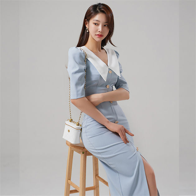 CM-SF031401 Women Casual Seoul Style Doll Collar Single-Breasted Slim Dress Set