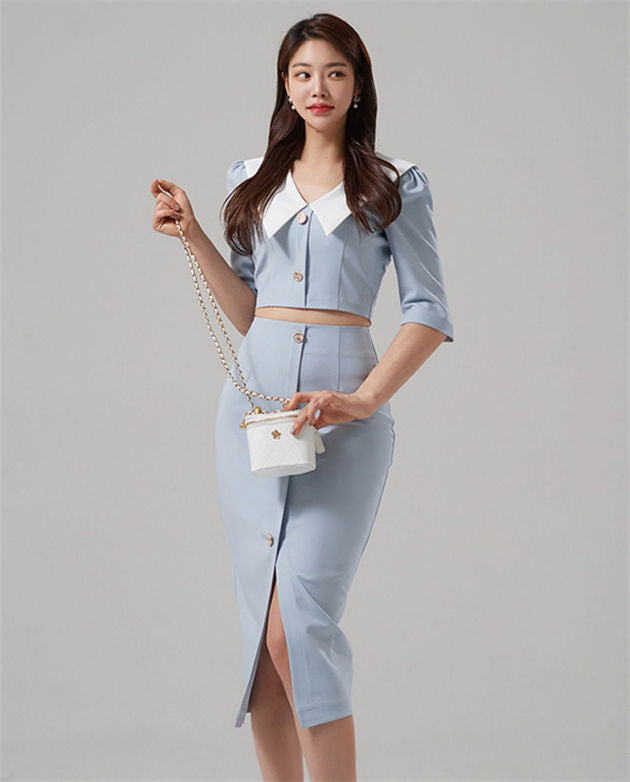 CM-SF031401 Women Casual Seoul Style Doll Collar Single-Breasted Slim Dress Set