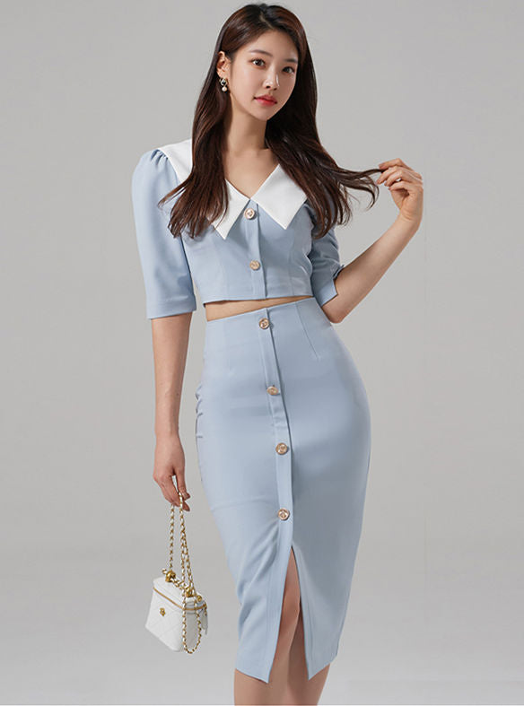 CM-SF031401 Women Casual Seoul Style Doll Collar Single-Breasted Slim Dress Set