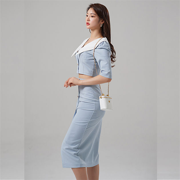 CM-SF031401 Women Casual Seoul Style Doll Collar Single-Breasted Slim Dress Set