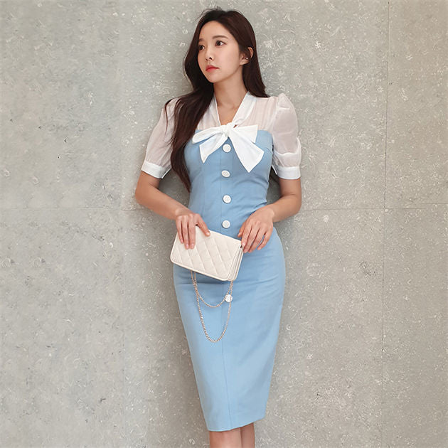 CM-DF031403 Women Casual Seoul Style Bowknot Collar Single-Breasted Puff Sleeve Dress