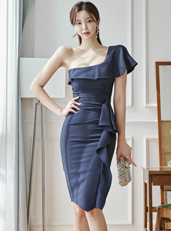 CM-DF031408 Women Elegant Seoul Style Flouncing Off Shoulder Pleated Slim Dress