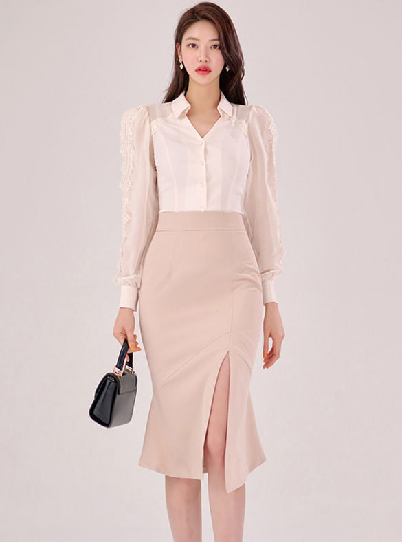 CM-SF031409 Women Elegant Seoul Style Lace Sleeve Blouse With Split Midi Skirt - Set