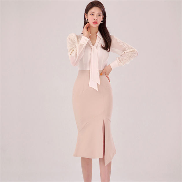 CM-SF031409 Women Elegant Seoul Style Lace Sleeve Blouse With Split Midi Skirt - Set