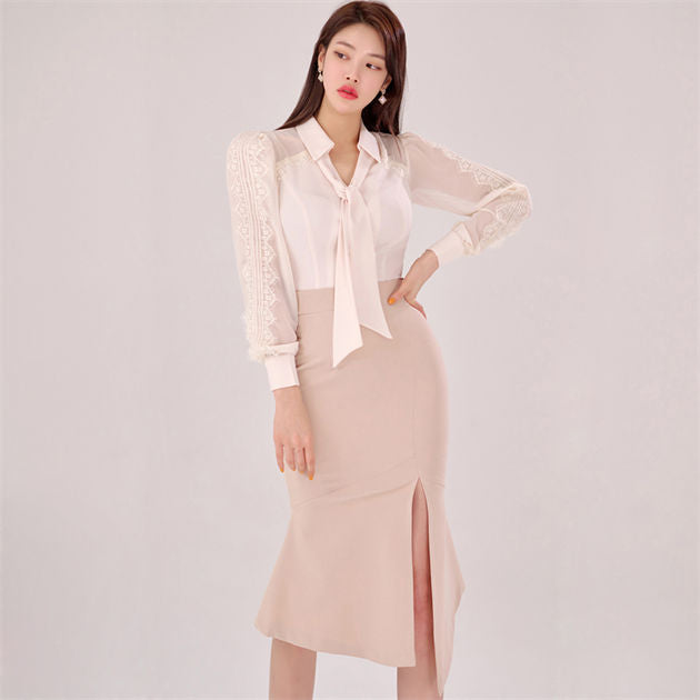 CM-SF031409 Women Elegant Seoul Style Lace Sleeve Blouse With Split Midi Skirt - Set