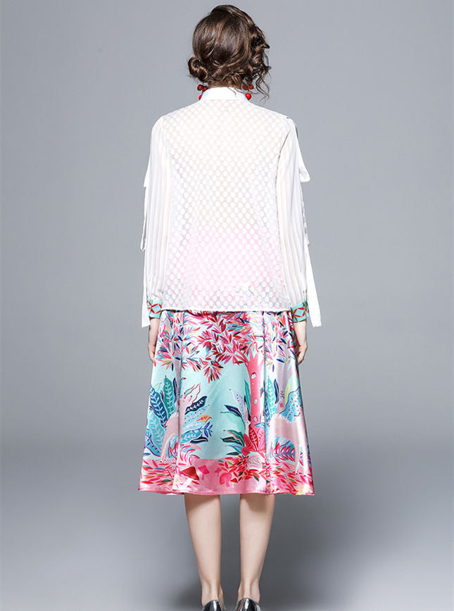CM-SF032103 Women Charming European Style Floral Shirt Collar Blouse With A-Line Skirt - Set