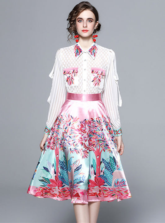 CM-SF032103 Women Charming European Style Floral Shirt Collar Blouse With A-Line Skirt - Set