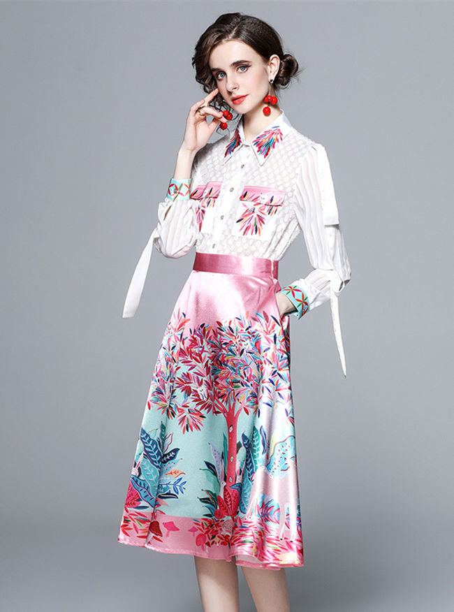 CM-SF032103 Women Charming European Style Floral Shirt Collar Blouse With A-Line Skirt - Set