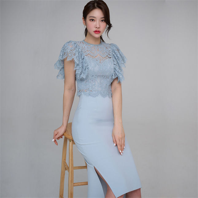 CM-SF032304 Women Elegant Seoul Style Flouncing Lace Blouse With Fishtail Slim Dress - Set