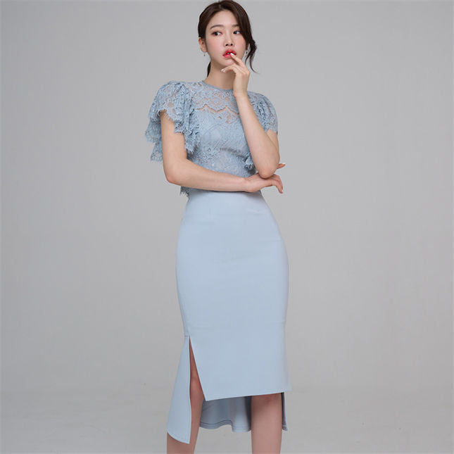 CM-SF032304 Women Elegant Seoul Style Flouncing Lace Blouse With Fishtail Slim Dress - Set